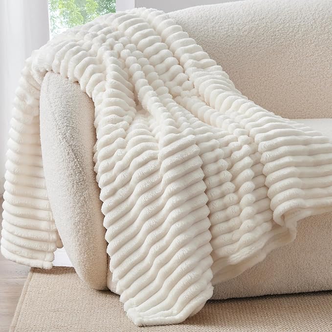 Soft Fleece Throw Blanket for Couch - Cream White 50"x60", Fluffy and Decorative