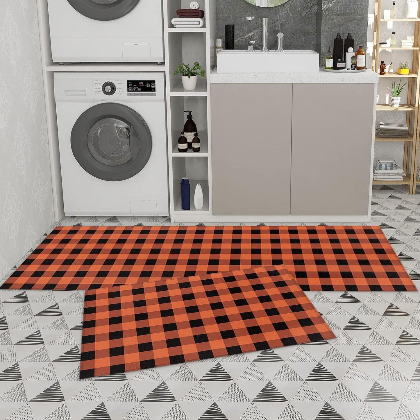 Cushioned Anti-Fatigue Kitchen Mats - Orange & Black Checkered (Set of 2)