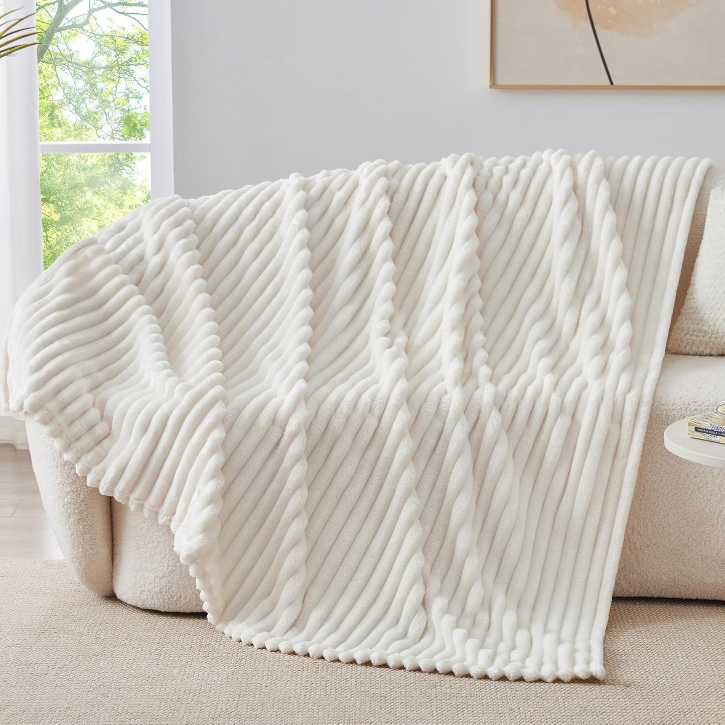 Soft Fleece Throw Blanket for Couch - Cream White 50"x60", Fluffy and Decorative