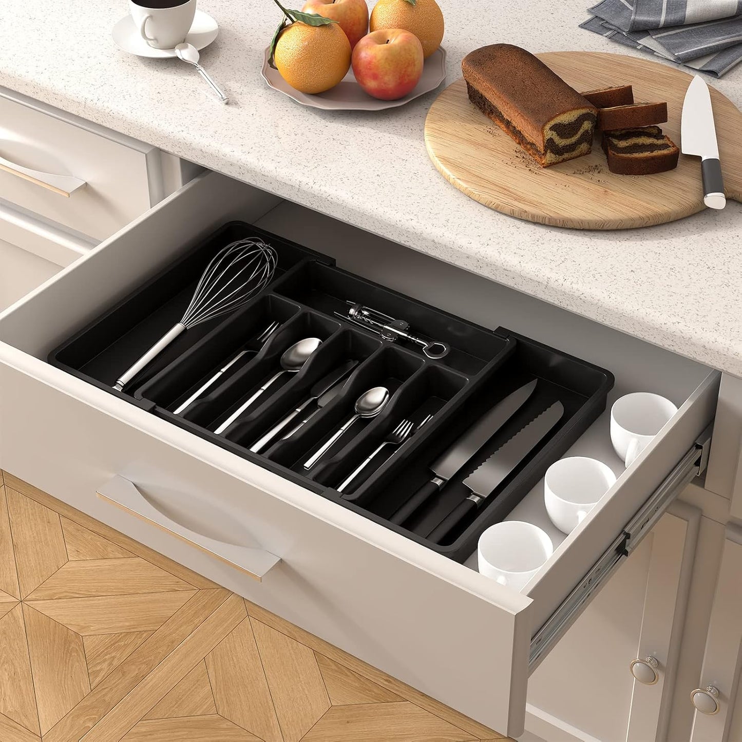 Expandable Silverware Drawer Organizer - BPA-Free Cutlery Tray, Large Size (Black)